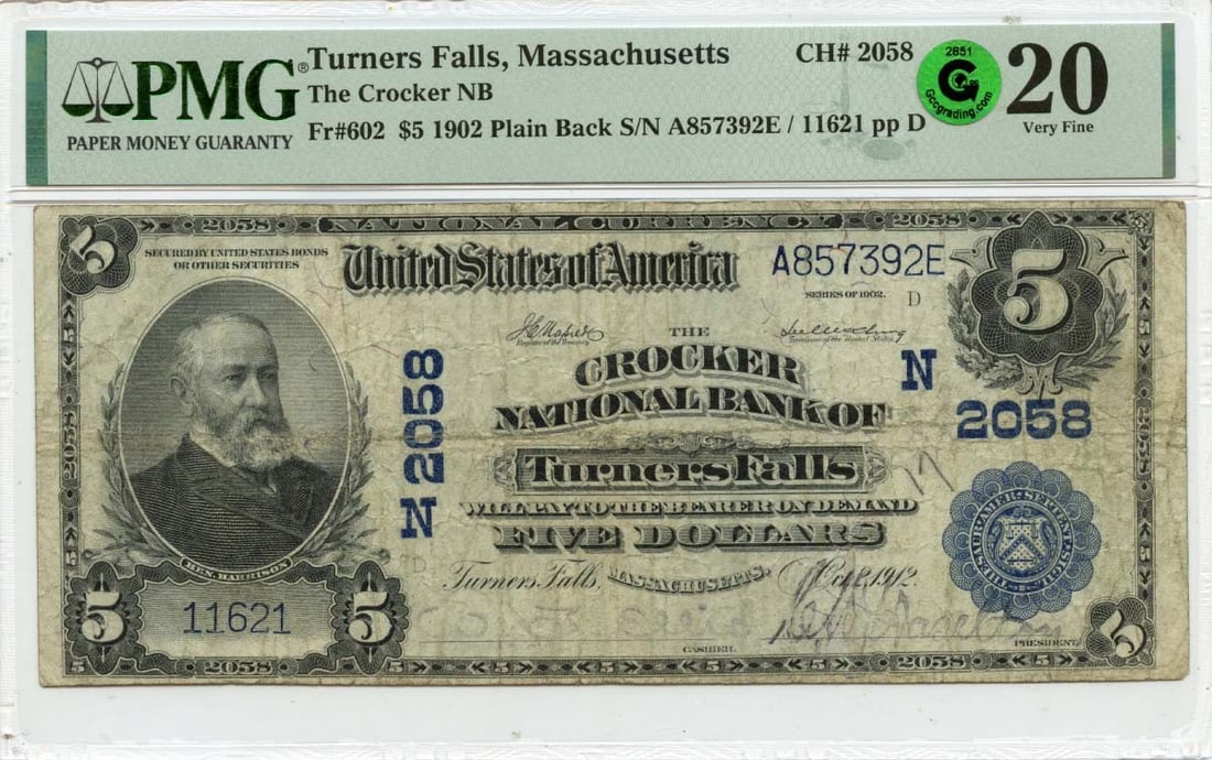 1902 $5 Crocker National Bank Turners Falls MA PMG VF20 Collectible Note: 1902 $5 Crocker National Bank Turners Falls MA PMG VF20 Collectible Note This 1902 $5 note from Crocker National Bank in Turners Falls, MA is a must-have for currency collectors. Graded as VF20 by PMG