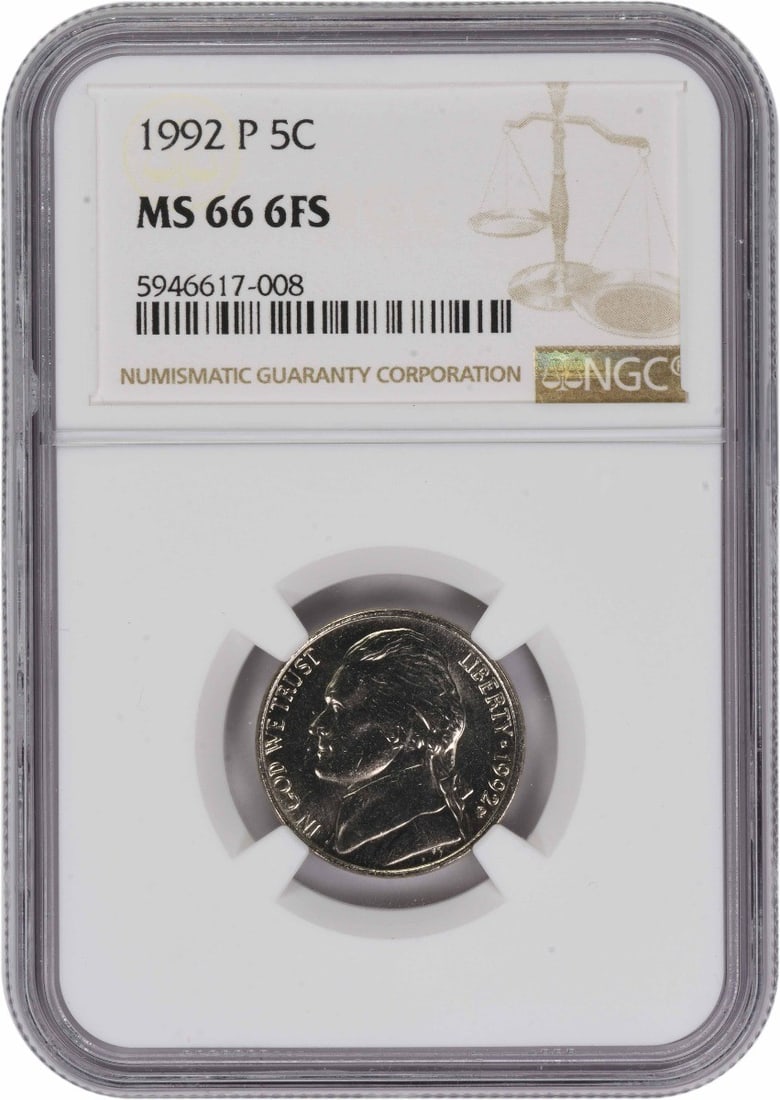 NGC MS66 6FS 1992 Philadelphia Jefferson Five Cent Coin (1 of 2)