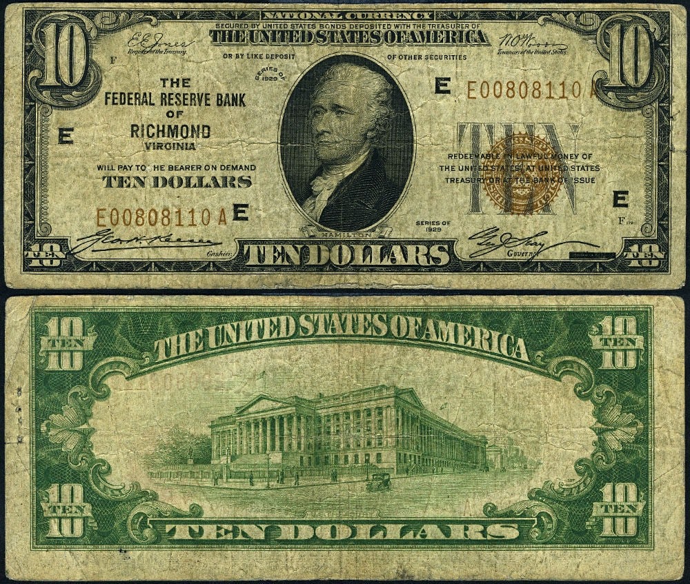 1929 $10 Federal Reserve Note Richmond E-A Block Fine with Staple Hole: 1929 $10 Federal Reserve Note Richmond E-A Block Fine with Staple Hole This is a $10 banknote from the Federal Reserve Bank of Richmond, issued in 1929. The note is graded as Fine and has been circula
