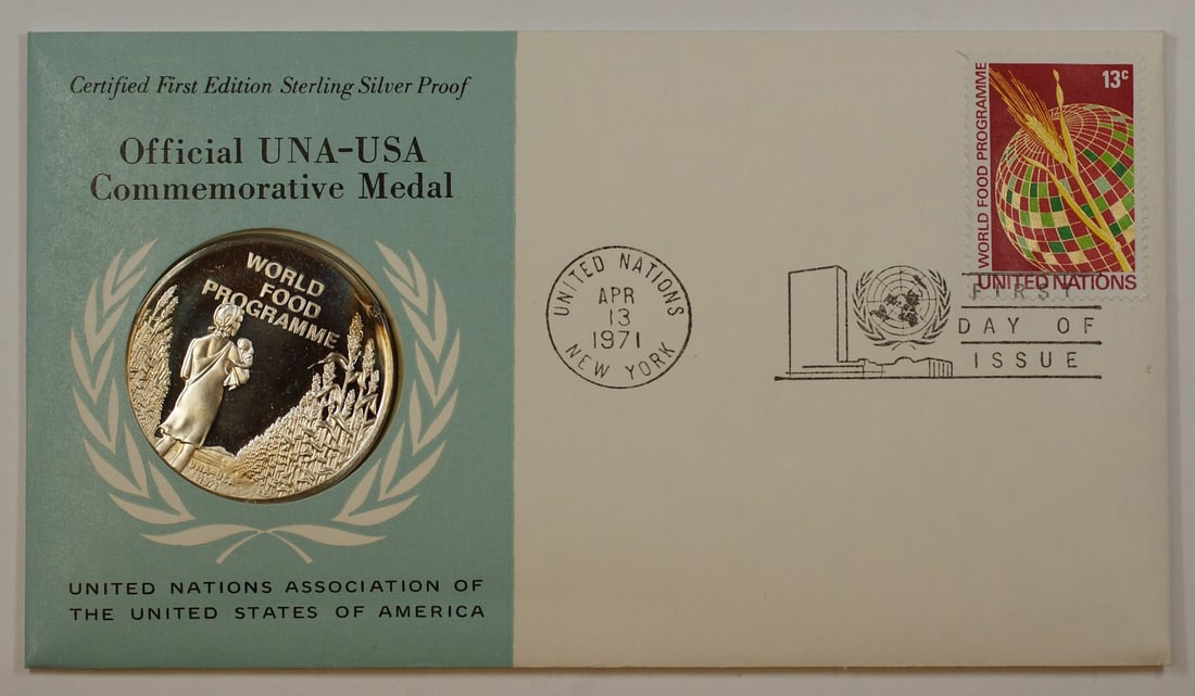 World Food Programme 1971 Silver Proof Medal UNA-USA Commemorative with FDI Stamp: World Food Programme 1971 Silver Proof Medal UNA-USA Commemorative with FDI Stamp This is a 1971 UNA-USA commemorative silver proof medal produced by Franklin Mint, honoring the World Food Programme. 