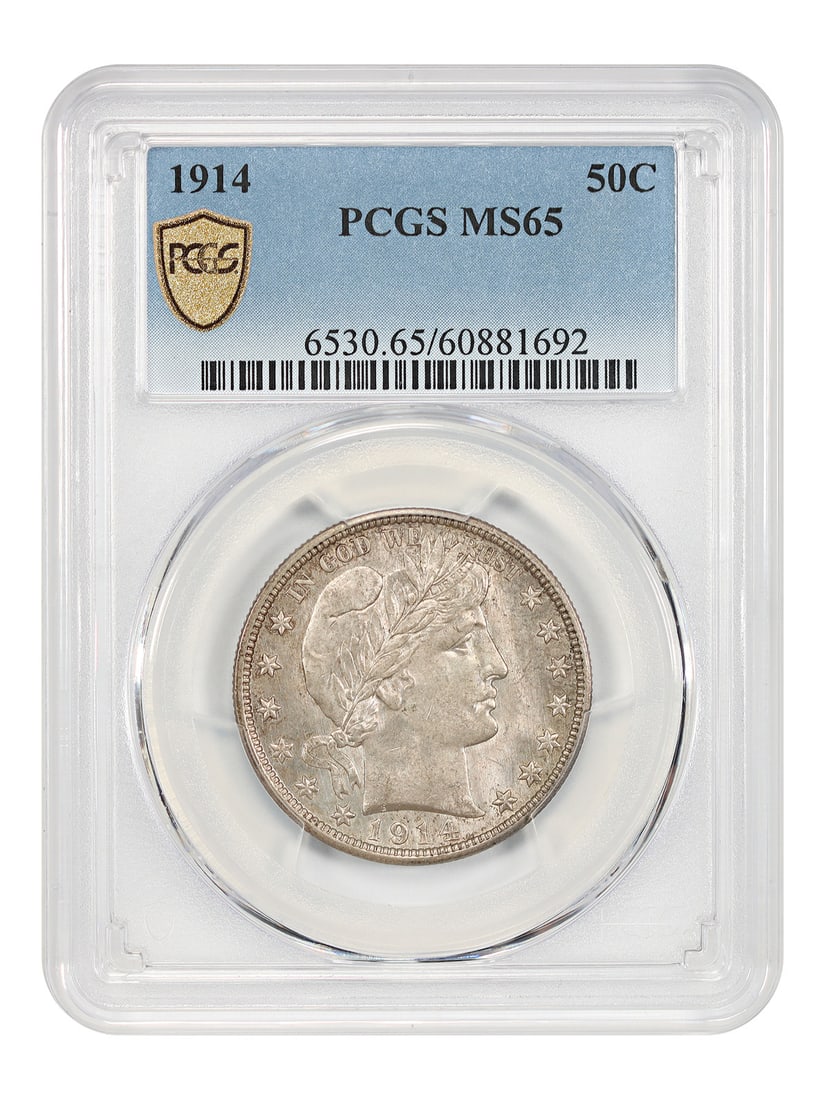 1914 Barber Half Dollar PCGS MS65 Key Date Silver Coin: 1914 Barber Half Dollar PCGS MS65 Key Date Silver Coin This 1914 Barber Half Dollar is certified by PCGS with a grade of MS65, indicating its uncirculated condition. Struck at the Philadelphia Mint, t