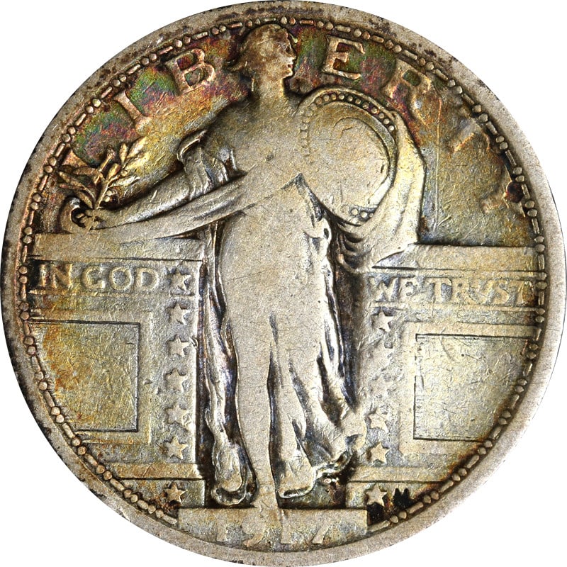 1917 Philadelphia Mint Silver Standing Liberty Quarter Type 1: 1917 Philadelphia Mint Silver Standing Liberty Quarter Type 1 This 1917-P Type 1 Standing Liberty Quarter is a circulated silver coin from the United States. It features a fineness of 0.9 and originat