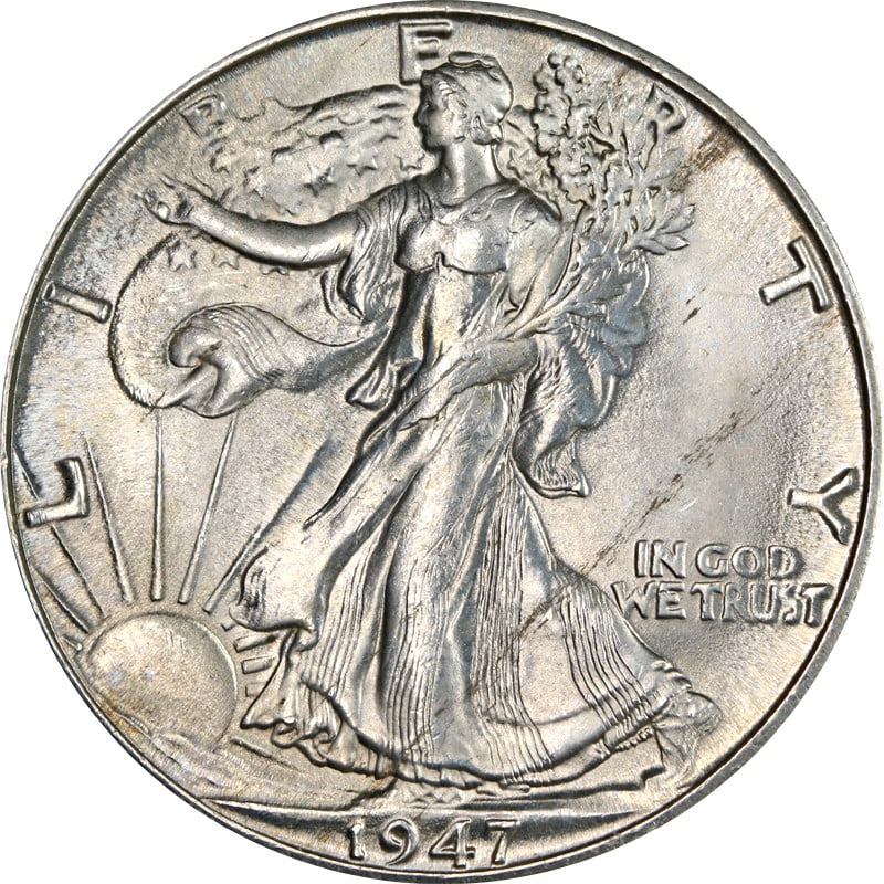 1947-D Walking Liberty Half Silver Coin Circulated: 1947-D Walking Liberty Half Silver Coin Circulated This 1947-D Walking Liberty Half is a notable piece for collectors. It is made of silver with a fineness of 0.9. The coin is classified as circulated