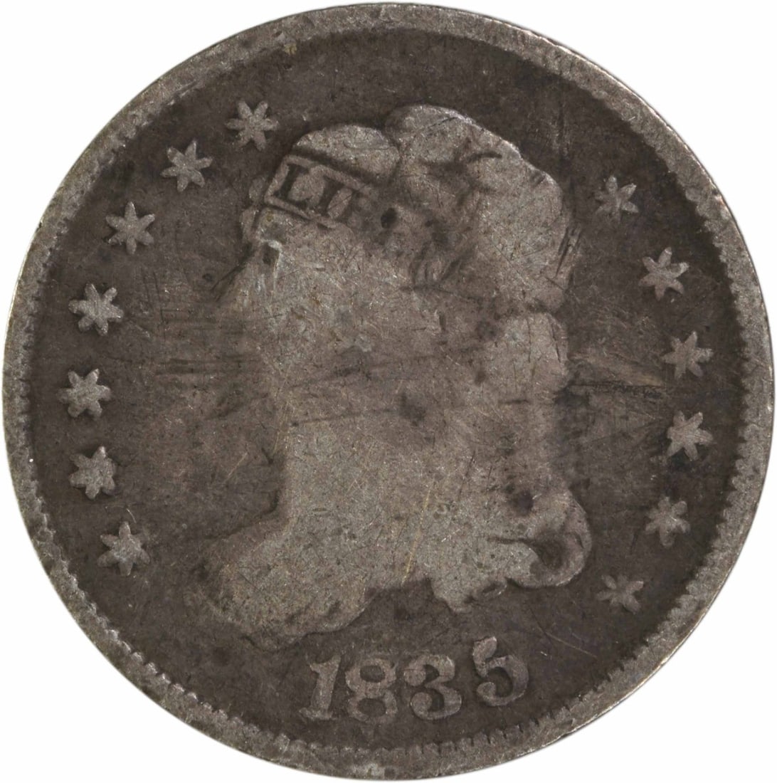 1835 Capped Bust Half Dime Uncertified 89.2% Silver Coin: 1835 Capped Bust Half Dime Uncertified 89.2% Silver Coin This 1835 Bust Silver Half Dime is a historical coin from the United States, featuring the iconic Capped Bust design by William Kneass. Struck 