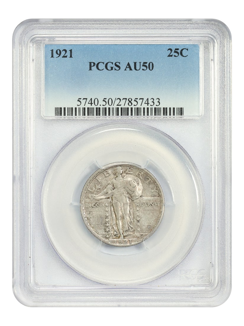 PCGS AU50 1921 Standing Liberty Quarter Key Date Coin: PCGS AU50 1921 Standing Liberty Quarter Key Date Coin This 1921 Standing Liberty Quarter is a key date in the series and has been graded AU50 by PCGS. Minted in Philadelphia, it is a circulated coin p
