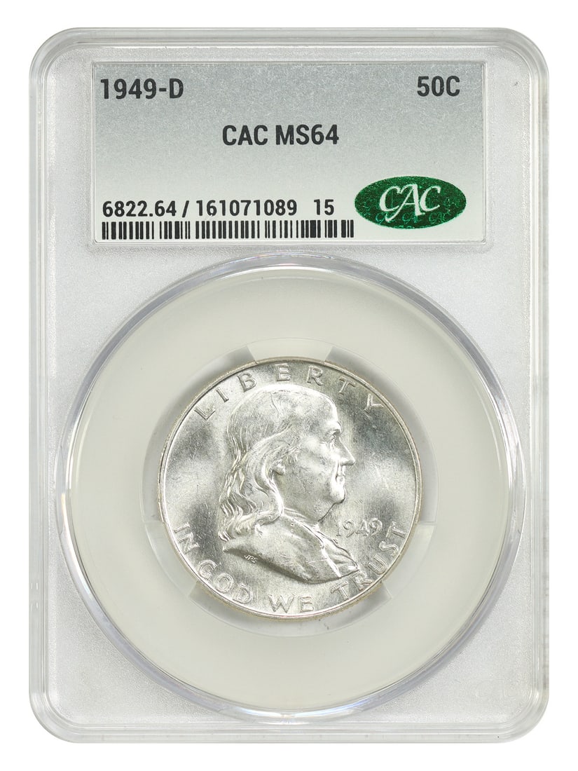 Uncirculated 1949 Denver Franklin Half Dollar CACG MS64 50C: Uncirculated 1949 Denver Franklin Half Dollar CACG MS64 50C This 1949-D Franklin Half Dollar is graded MS64 and certified by CACG. It features an uncirculated condition and was minted in Denver. The c