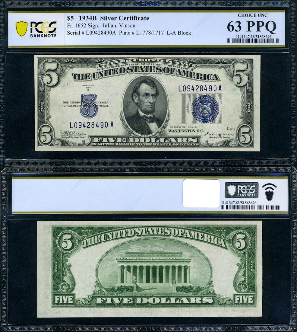 1934-B Five Dollar Silver Certificate L-A Block PCGS CU63 PPQ: 1934-B Five Dollar Silver Certificate L-A Block PCGS CU63 PPQ This is a 1934-B $5 Silver Certificate from the United States, designated as FR. 1652 and featuring the L-A Block. Graded by PCGS as Choic