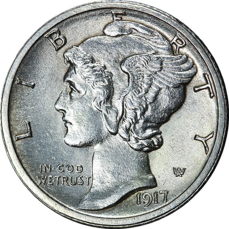 1917 San Francisco Silver Mercury Dime Uncirculated Full Bands BU Plus: 1917 San Francisco Silver Mercury Dime Uncirculated Full Bands BU Plus This 1917-S Mercury Dime is an uncirculated silver coin from the United States featuring full split bands. It offers excellent lu