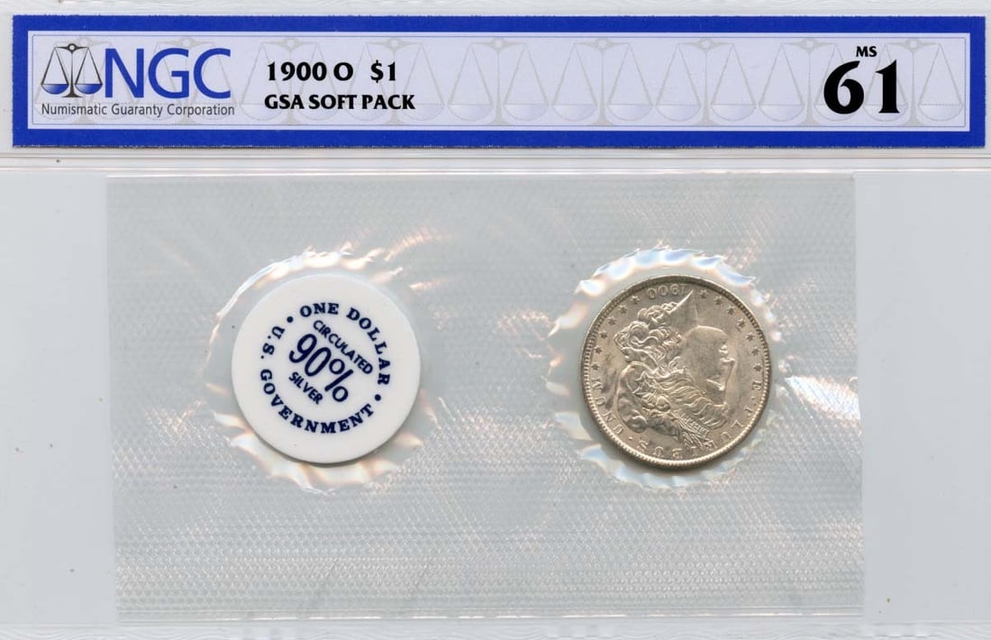 NGC MS61 1900-O Morgan Silver Dollar GSA Soft Pack: NGC MS61 1900-O Morgan Silver Dollar GSA Soft Pack This 1900-O Morgan Dollar is presented in a GSA soft pack and has been certified by NGC with a grade of MS61. Minted in New Orleans, this uncirculate