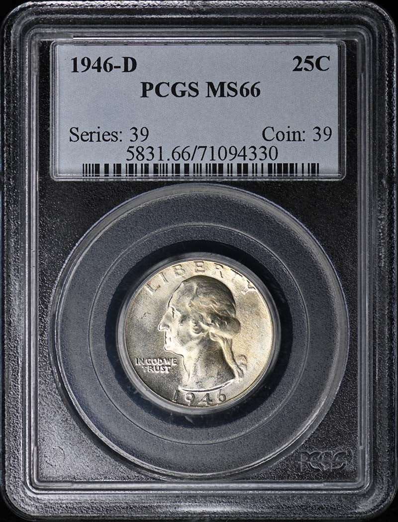 1946-D Washington Quarter PCGS MS66 Uncirculated Denver Mint: 1946-D Washington Quarter PCGS MS66 Uncirculated Denver Mint This 1946-D Washington Quarter is certified by PCGS with a grade of MS66, indicating it is in uncirculated condition. Minted in Denver, thi
