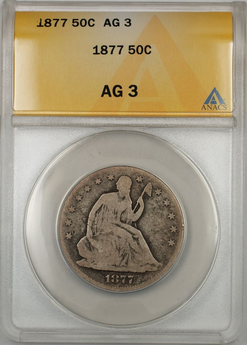 ANACS AG 3 1877 Seated Liberty Half Dollar Silver Coin: ANACS AG 3 1877 Seated Liberty Half Dollar Silver Coin This is an 1877 Seated Liberty 50-cent silver coin, graded AG 3 by ANACS. The coin was minted in Philadelphia and is composed of silver. It is a 
