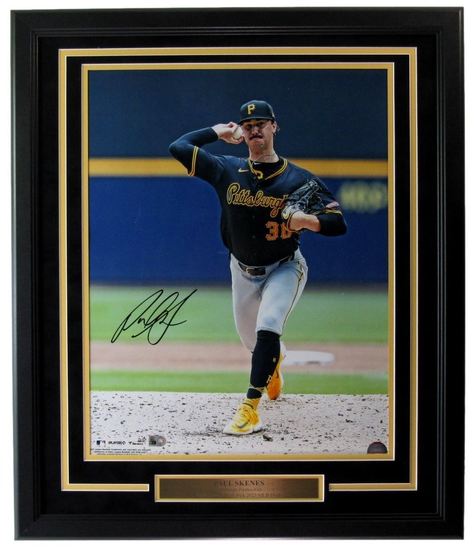 Framed 16x20 Paul Skenes Autographed Photo With MLB Hologram Pittsburgh Pirates: Framed 16x20 Paul Skenes Autographed Photo With MLB Hologram Pittsburgh Pirates This framed 16x20 photo features an authentic autograph from Paul Skenes of the Pittsburgh Pirates. The signature is ver
