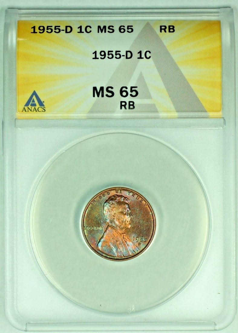 ANACS MS 65 RB 1955-D Lincoln Wheat Cent Uncirculated Small Cent (1 of 2)