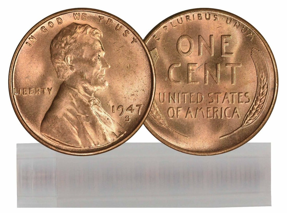 1947-S Uncirculated Lincoln Cent Roll Copper Coins: 1947-S Uncirculated Lincoln Cent Roll Copper Coins This roll contains 1947-S BU Lincoln Cents, all in uncirculated condition, showcasing their original mint luster. The coins are made of copper and ha