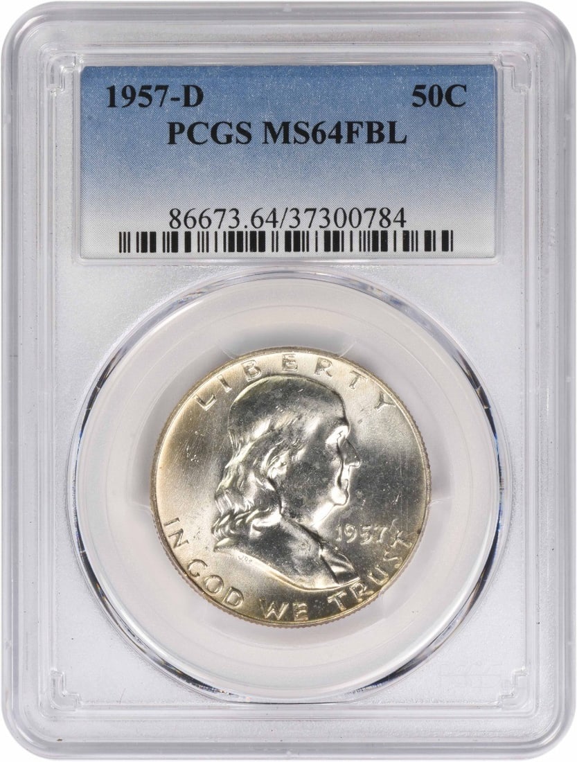 PCGS MS64 FBL 1957-D Franklin 50C Silver Coin Uncirculated: PCGS MS64 FBL 1957-D Franklin 50C Silver Coin Uncirculated This is a 1957-D Franklin Silver Half Dollar graded MS64FBL by PCGS. The coin is uncirculated and features the Full Bell Lines designation, i