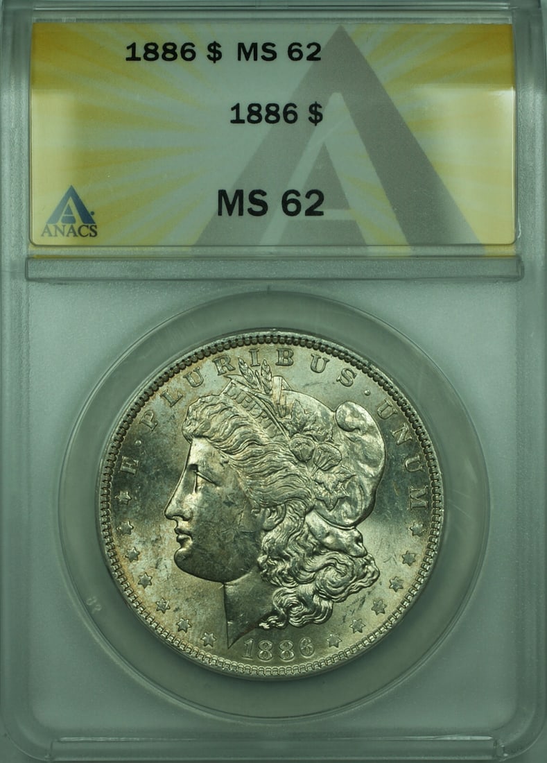 1886 Philadelphia Morgan Dollar Silver Coin ANACS MS 62 Certified: 1886 Philadelphia Morgan Dollar Silver Coin ANACS MS 62 Certified This is an un-used 1886 Morgan Silver Dollar $1 coin graded MS-62 by ANACS. Minted in Philadelphia, this coin features a silver compos