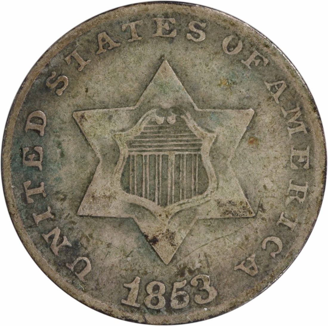 1853 Three Cent Silver Coin Uncertified F Grade US Mint: 1853 Three Cent Silver Coin Uncertified F Grade US Mint This 1853 Three Cent Silver coin is a piece of American history, featuring a design by James Barton Longacre. Minted in Philadelphia, it has a c
