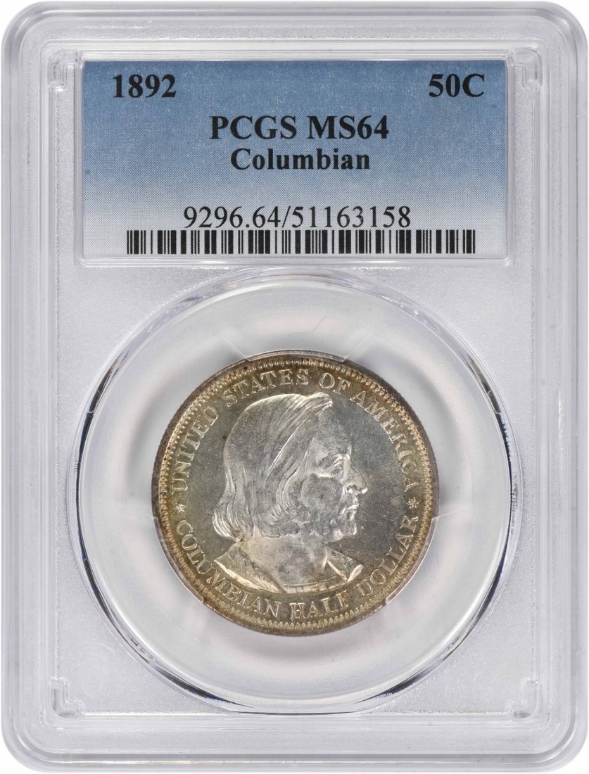 1892 Columbian Exposition Silver Half Dollar PCGS MS64 Commemorative Coin: 1892 Columbian Exposition Silver Half Dollar PCGS MS64 Commemorative Coin This 1892 Columbian Commemorative Silver Half Dollar is graded MS64 by PCGS. Struck in Philadelphia, it is composed of 90% sil