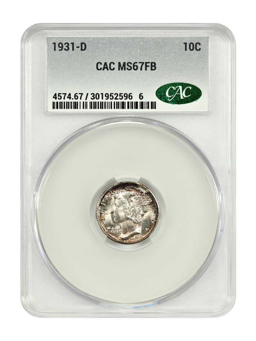 CACG Certified MS67FB 1931 Denver Mercury Dime 10C: CACG Certified MS67FB 1931 Denver Mercury Dime 10C This is a 1931-D Mercury Dime graded MS67 Full Bands (FB) by CACG. Struck at the Denver Mint during the Depression era, this uncirculated 10-cent pie