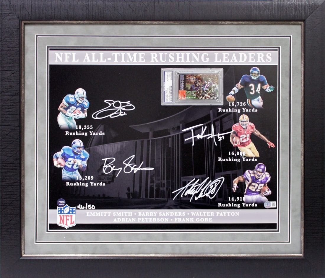 Limited Edition NFL Legends Framed Display Signed by 5 Players BAS #/50: Limited Edition NFL Legends Framed Display Signed by 5 Players BAS #/50 This striking framed display features the signatures of NFL legends Walter Payton, Emmitt Smith, Barry Sanders, Frank Gore, and 