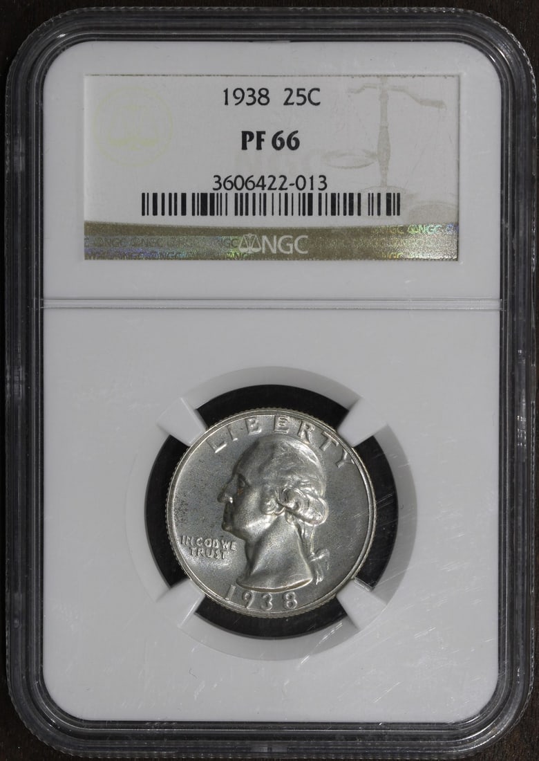 NGC PF66 1938 Silver Washington Quarter Proof Coin: NGC PF66 1938 Silver Washington Quarter Proof Coin This is a 1938 Washington Quarter 25C proof coin, certified by NGC with a PF66 grade. Struck in silver with a 0.9 fineness at the Philadelphia Mint, 