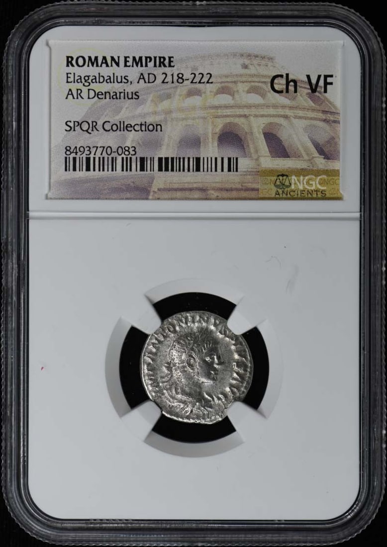 AR Denarius of Elagabalus Roman Empire NGC Certified VF30: AR Denarius of Elagabalus Roman Empire NGC Certified VF30 This Roman Empire AR Denarius dates from the reign of Elagabalus, AD 218-222. Certified by NGC with a Ch VF (Choice Very Fine) grade, it featu