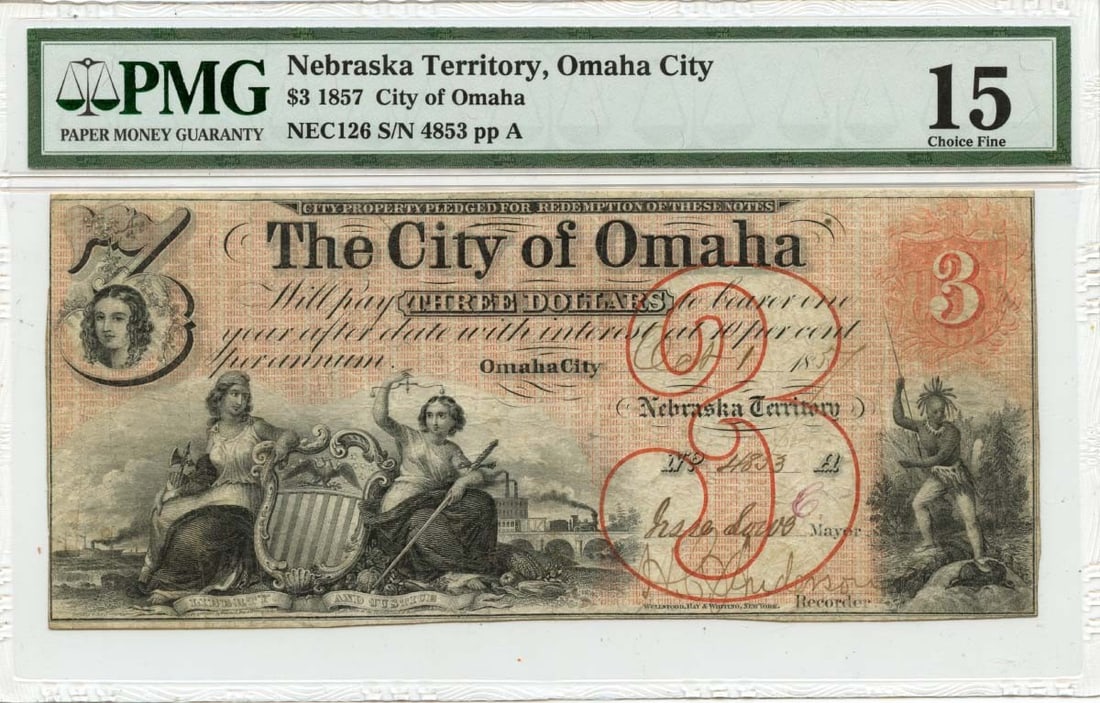 Omaha City Nebraska Territory 1857 Three Dollar Obsolete Currency PMG F15: Omaha City Nebraska Territory 1857 Three Dollar Obsolete Currency PMG F15 This 1857 $3 Omaha City, Nebraska Territory obsolete note is a historical United States currency, certified by PMG with a grad