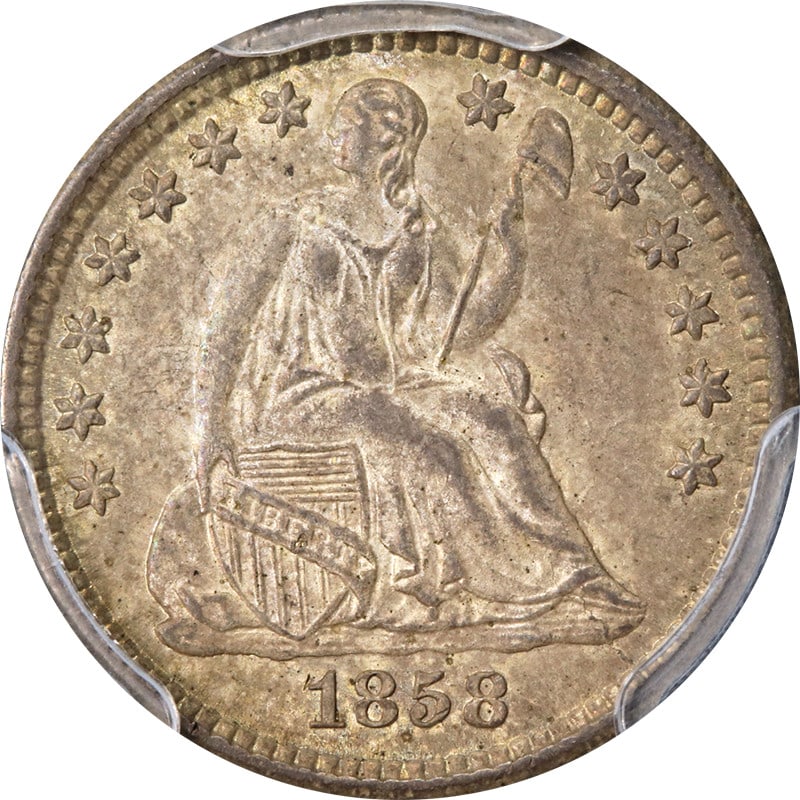 1858-O Seated Liberty Half Dime PCGS MS65 Silver Coin: 1858-O Seated Liberty Half Dime PCGS MS65 Silver Coin This 1858-O Seated Liberty Half Dime is a remarkable piece certified by PCGS with a grade of MS65, indicating its uncirculated condition. It featu