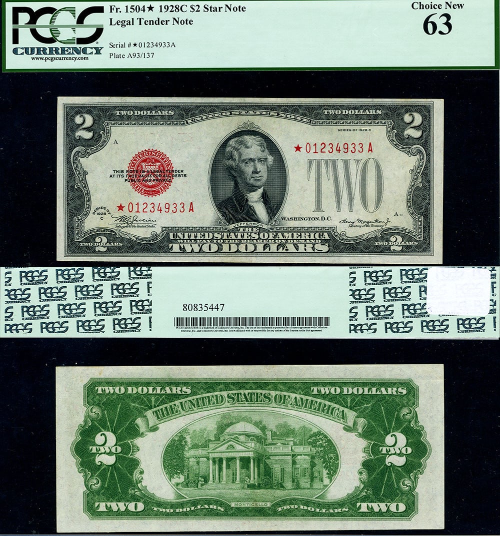 1928-C $2 Legal Tender Star Note PCGS CU63 Choice: 1928-C $2 Legal Tender Star Note PCGS CU63 Choice This is a stunning 1928-C $2 Legal Tender note, graded as Choice Uncirculated (CU63) by PCGS, featuring excellent paper quality and vibrant colors. Th