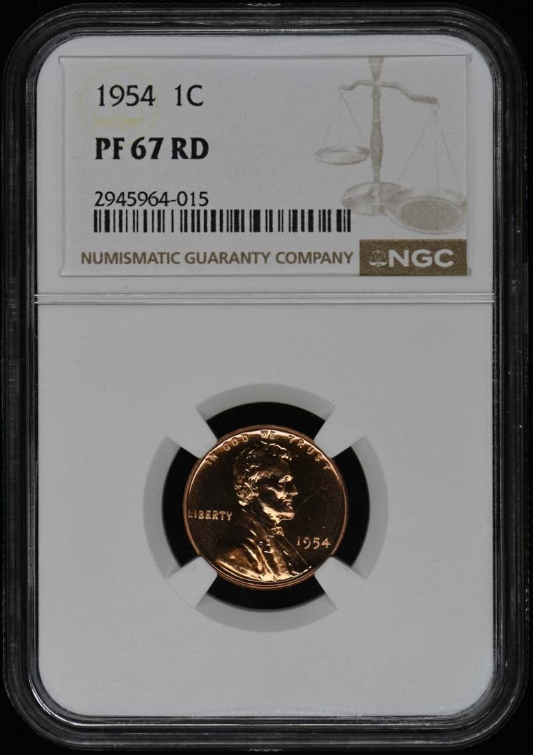 1954 Lincoln Cent Proof NGC PR67RD Philadelphia Mint: 1954 Lincoln Cent Proof NGC PR67RD Philadelphia Mint This exquisite 1954 Wheat Reverse Lincoln Cent is certified by NGC with a pristine grade of PR67RD, indicating its exceptional quality and uncircul