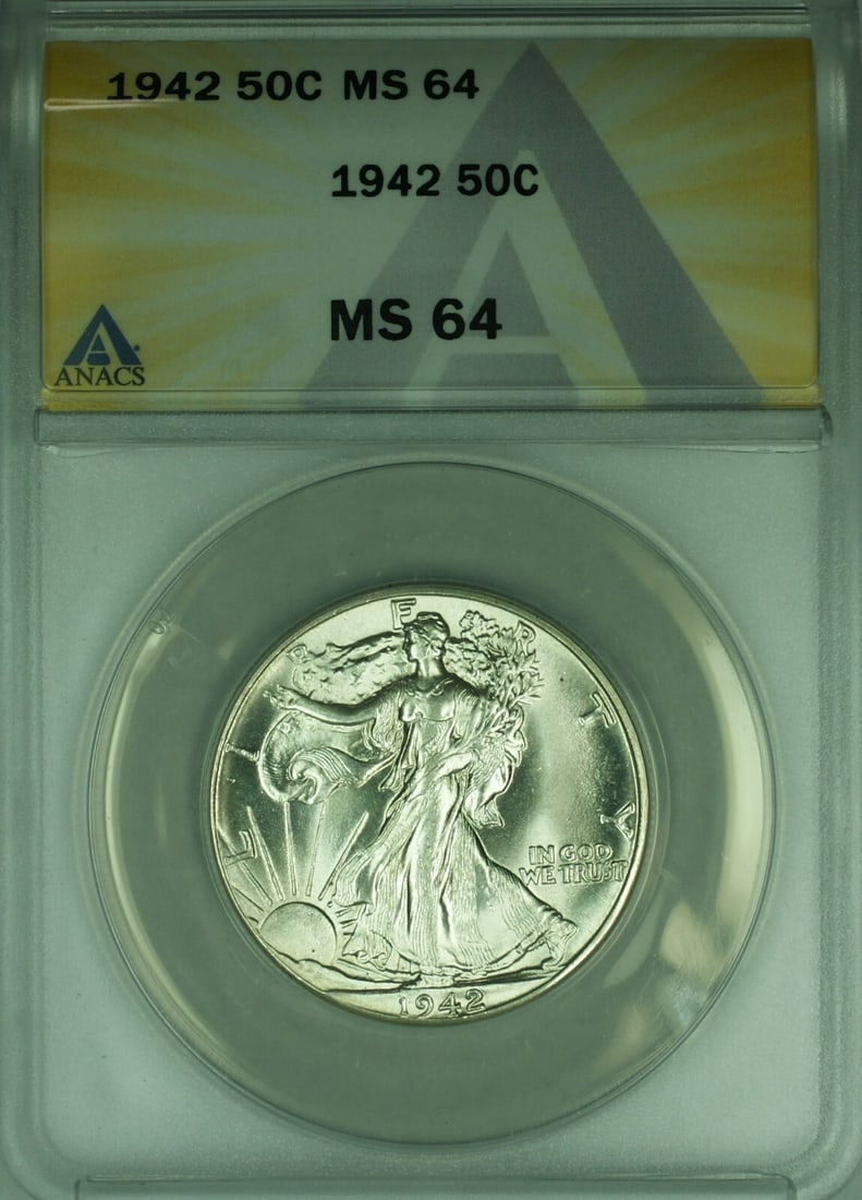 1942 ANACS MS-64 Liberty Walking Silver 50 Cent Piece: 1942 ANACS MS-64 Liberty Walking Silver 50 Cent Piece This is a 1942 Walking Liberty Silver Half Dollar graded MS-64 by ANACS. The coin is uncirculated and was minted in Philadelphia. It features the 