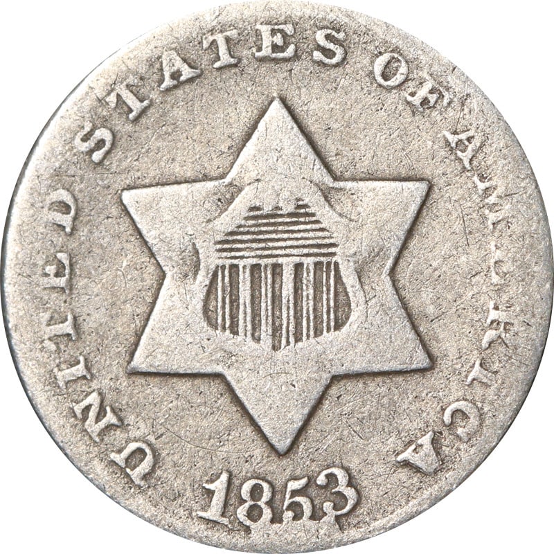 1853 Silver Three Cent Piece With Date Cud Error: 1853 Silver Three Cent Piece With Date Cud Error This is an 1853 Three Cent Silver coin featuring a notable cud error at the date. The coin is composed of silver with a fineness of 0.9 and is in circu