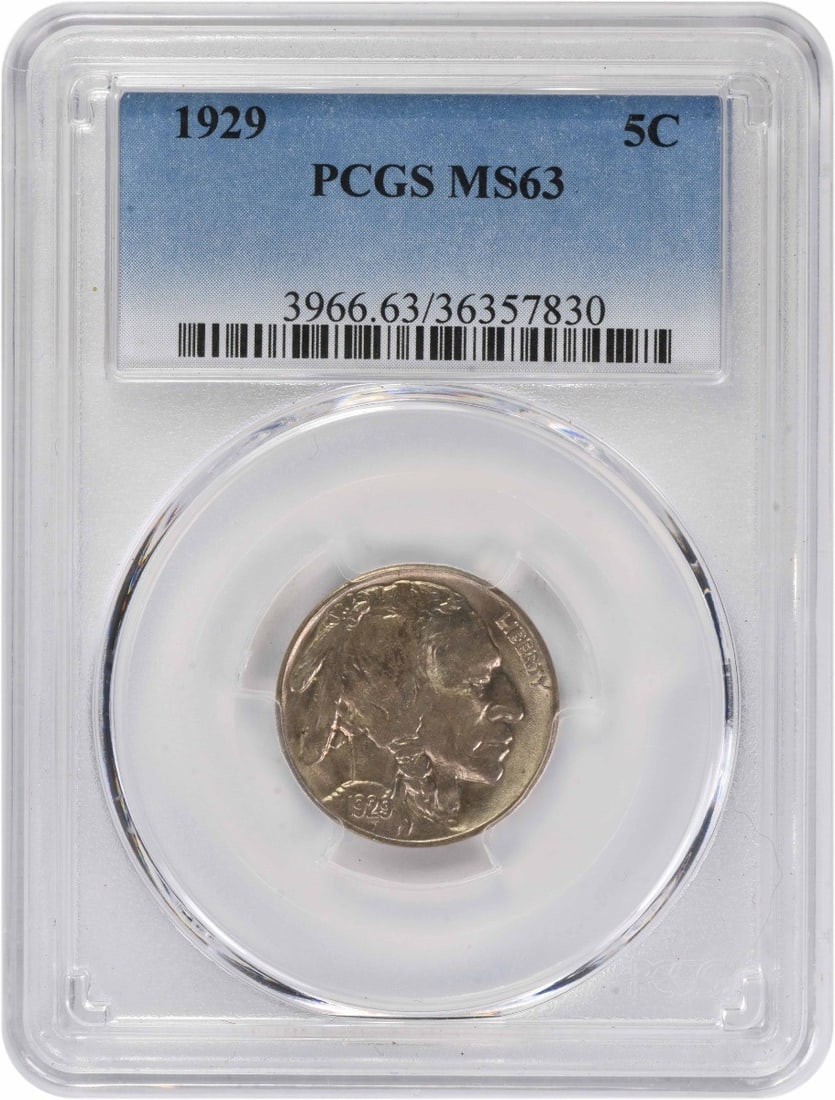 1929 Philadelphia Buffalo Nickel Graded MS63 by PCGS: 1929 Philadelphia Buffalo Nickel Graded MS63 by PCGS This 1929 Buffalo Nickel is graded MS63 by PCGS and was minted in Philadelphia. Composed of 75% copper and 25% nickel, this uncirculated coin was d