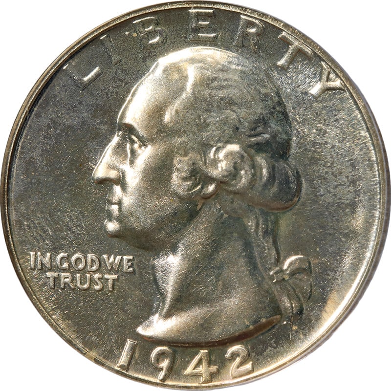 1942 Silver Washington Quarter Proof PCGS PR65 Strong Strike: 1942 Silver Washington Quarter Proof PCGS PR65 Strong Strike This original 1942 Washington Quarter Proof features great eye appeal, fantastic luster, and a strong strike with mirrored surfaces. Graded