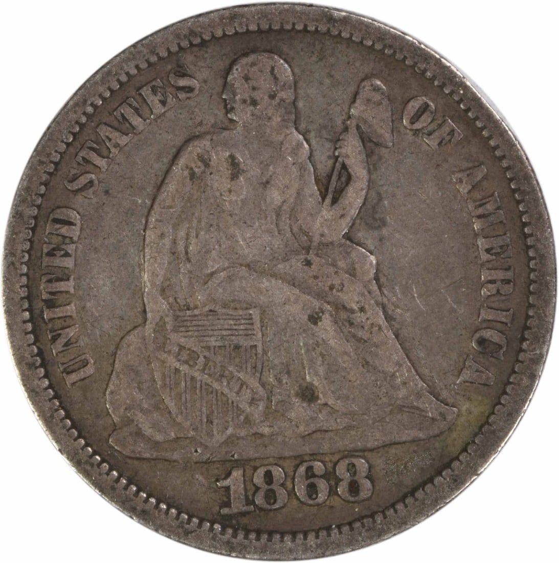 1868 Seated Liberty Dime VF 10C Philadelphia Uncertified Silver Coin: 1868 Seated Liberty Dime VF 10C Philadelphia Uncertified Silver Coin This is an 1868 Liberty Seated Silver Dime from the Philadelphia Mint, featuring the design by Christian Gobrecht. The coin is comp