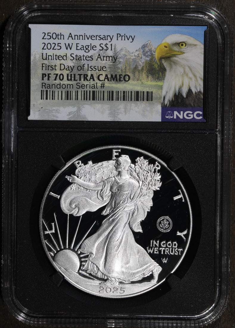 2025 Proof Silver American Eagle NGC PR70 DCAM Army Privy First Day Issue: 2025 Proof Silver American Eagle NGC PR70 DCAM Army Privy First Day Issue This 2025 American Eagle Proof Silver Dollar features a U.S. Army privy mark and is certified by NGC as PR70 Deep Cameo (DCAM)
