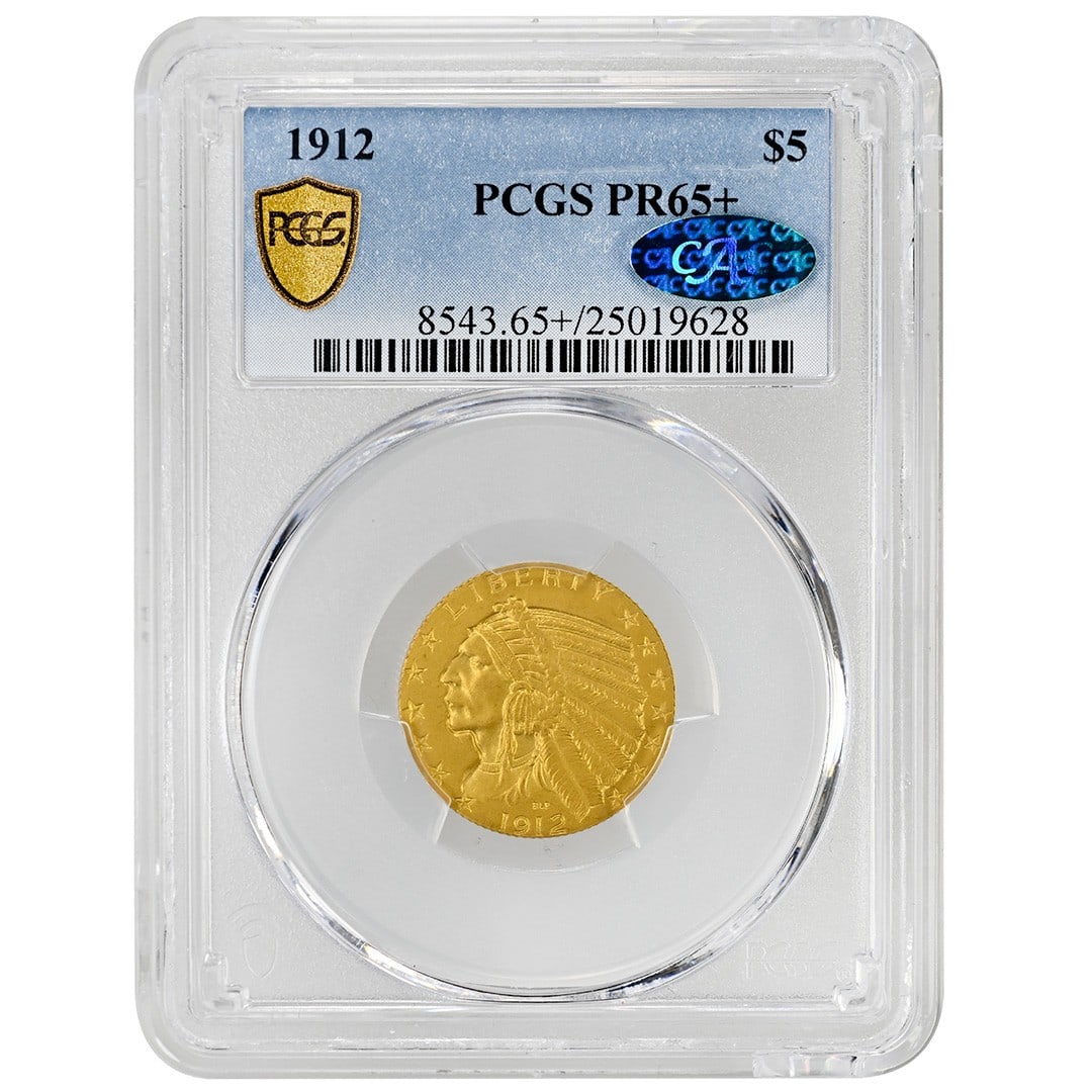 1912 Proof $5 Gold Indian Half Eagle PCGS PR65 Plus CAC Philadelphia: 1912 Proof $5 Gold Indian Half Eagle PCGS PR65 Plus CAC Philadelphia This is a rare 1912 $5 Indian gold coin from the United States, struck at the Philadelphia Mint. Certified by both PCGS and CAC, it