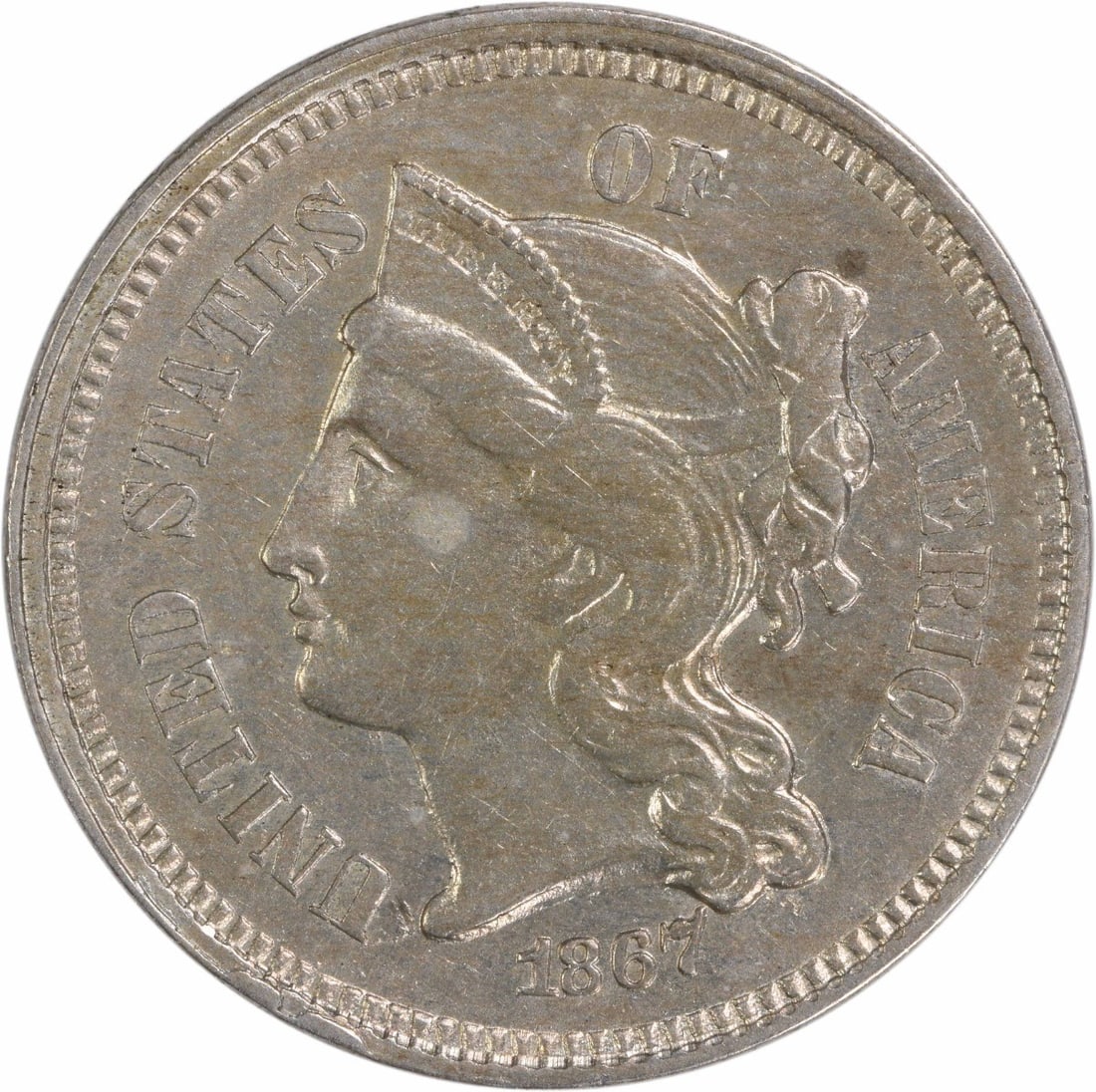 1867 AU Three Cent Nickel Uncertified Coin from Philadelphia: 1867 AU Three Cent Nickel Uncertified Coin from Philadelphia This 1867 Three Cent Nickel showcases a striking design by James Barton Longacre, representing a notable piece of American numismatic histo