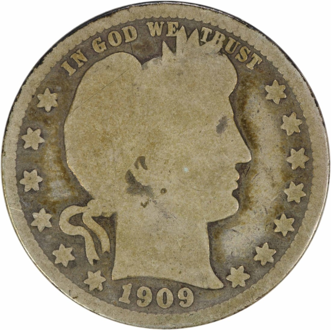 1909-O Barber Silver Quarter 25C Uncertified G Grade: 1909-O Barber Silver Quarter 25C Uncertified G Grade This 1909-O Barber Silver Quarter is a classic piece of American numismatic history. Minted in New Orleans, this quarter features the timeless desi
