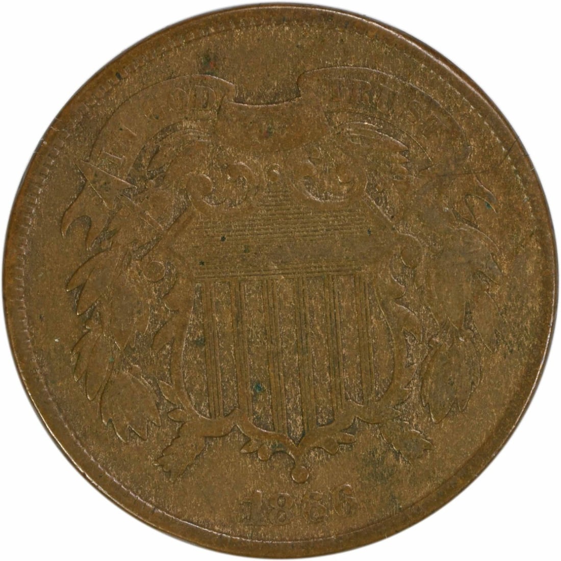 1866 Bronze Two Cent Piece VF Uncertified Philadelphia Mint: 1866 Bronze Two Cent Piece VF Uncertified Philadelphia Mint This 1866 Two Cent Piece is a fine example of American numismatic history, featuring a design by James Barton Longacre. The coin is circulat
