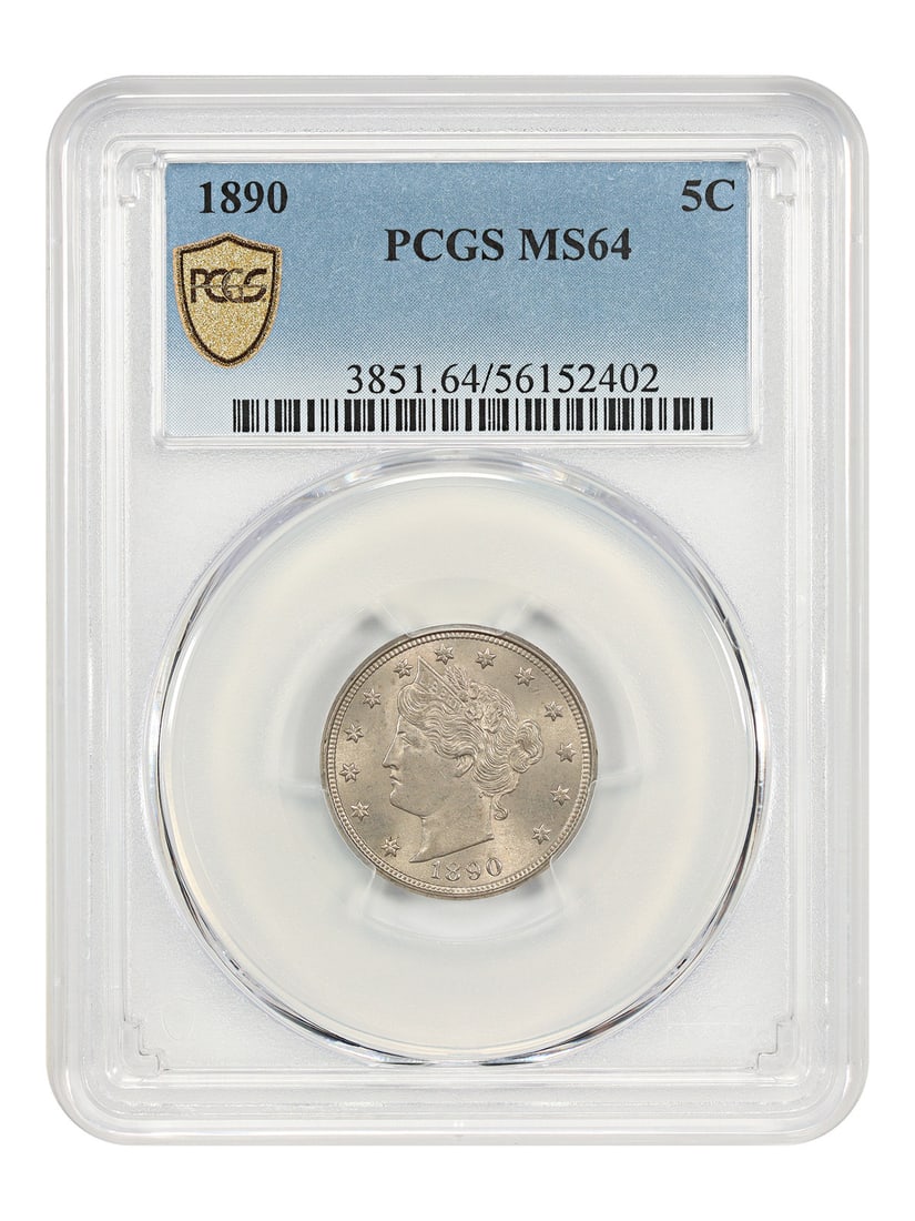 PCGS MS64 1890 Liberty Nickel Five Cent Coin: PCGS MS64 1890 Liberty Nickel Five Cent Coin This is an 1890 Liberty Nickel with a denomination of 5 cents, graded MS64 by PCGS. The coin is uncirculated and was minted in Philadelphia. It is part of 