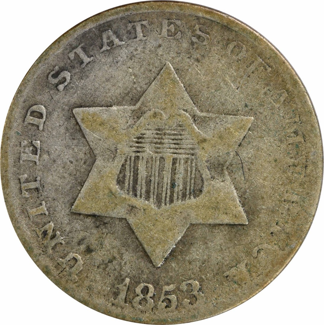 1853 Three Cent Silver Coin Uncertified Philadelphia Mint: 1853 Three Cent Silver Coin Uncertified Philadelphia Mint This 1853 Three Cent Silver coin is a notable piece of American numismatics. Struck at the Philadelphia Mint, this coin features a unique desi