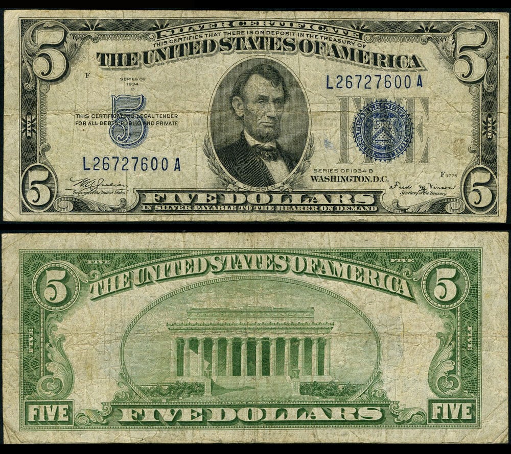 1934-B $5 Silver Certificate Mule FR. 1652 Circulated: 1934-B $5 Silver Certificate Mule FR. 1652 Circulated This $5 1934-B Silver Certificate is a notable piece of currency history. Classified as a Mule variety (FR. 1652), it features original paper qual
