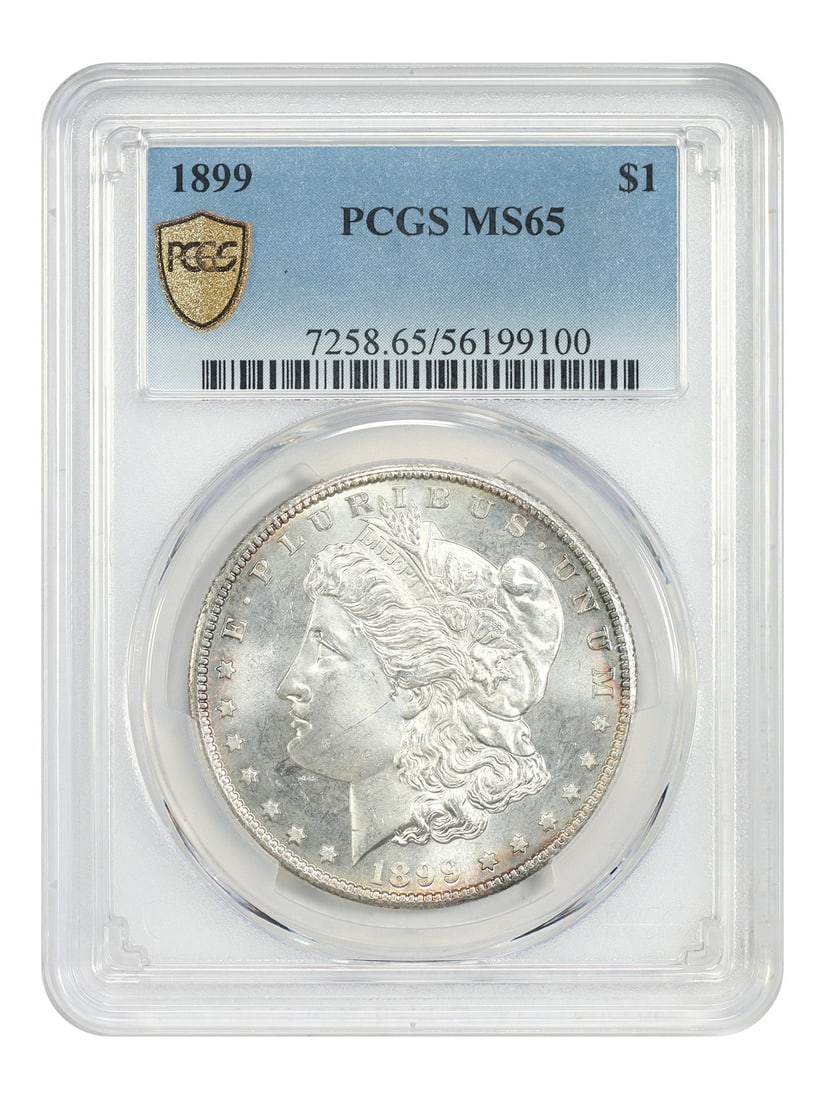 PCGS MS65 1899 Morgan Silver Dollar Philadelphia Mint Gem: PCGS MS65 1899 Morgan Silver Dollar Philadelphia Mint Gem This 1899 Morgan Dollar is graded MS65 by PCGS and features semi-prooflike luster with light rim toning. Struck at the Philadelphia Mint, this