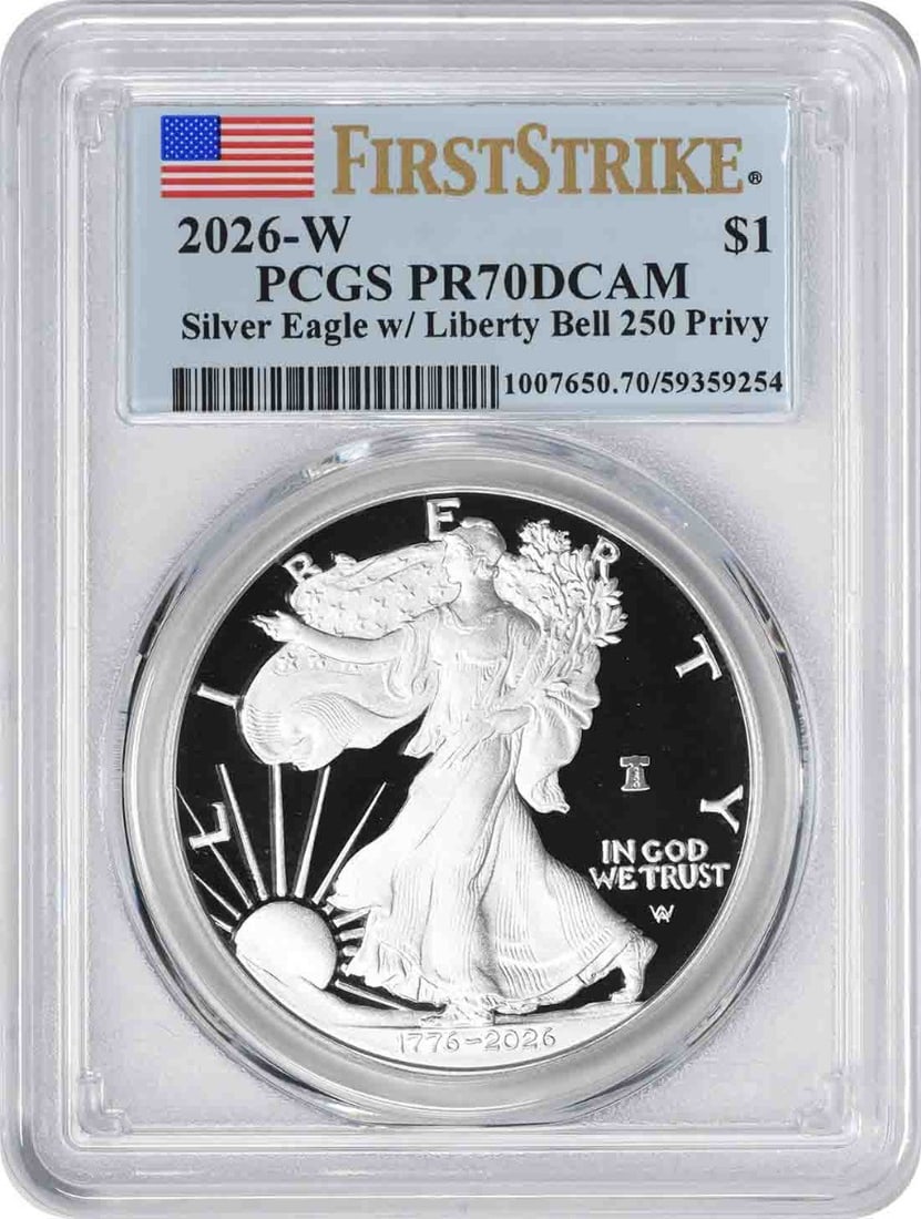 PCGS PR70 Proof 2026-W Silver Eagle Liberty Bell 250 Privy First Strike: PCGS PR70 Proof 2026-W Silver Eagle Liberty Bell 250 Privy First Strike This 2026-W $1 American Silver Eagle Liberty Bell 250 Privy is a proof coin graded PR70DCAM by PCGS. Minted by the U.S. Mint wit