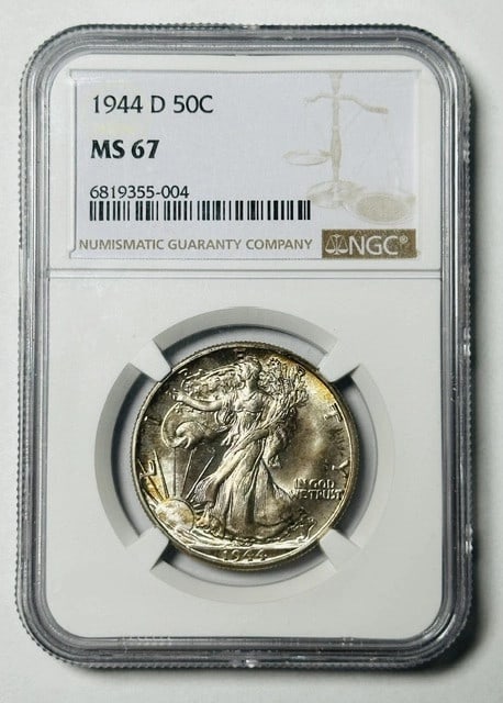 NGC MS67 1944 Denver Silver Walking Liberty Half Dollar: NGC MS67 1944 Denver Silver Walking Liberty Half Dollar This is a 1944 D Walking Liberty Half Dollar graded MS-67 by NGC. Struck in silver at the Denver Mint, this uncirculated coin is certified and f