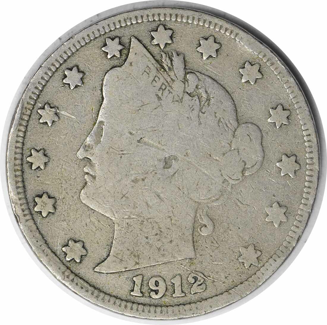 1912-S Liberty Nickel VG Uncertified 5C Coin: 1912-S Liberty Nickel VG Uncertified 5C Coin This 1912-S Liberty Nickel is a classic piece of American coinage, featuring the iconic Liberty design. It is in Very Good (VG) condition and has been circ