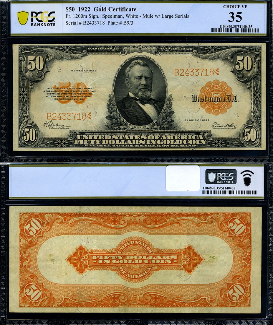 1922 $50 Gold Certificate Mule PCGS VF35 Choice Circulated: 1922 $50 Gold Certificate Mule PCGS VF35 Choice Circulated This 1922 $50 Gold Certificate Mule is a stunning collectible, featuring excellent paper quality and vibrant colors. Graded as PCGS Choice VF
