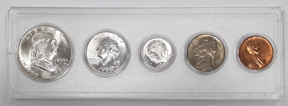 Five Coin 1960 US Uncirculated Set with Silver Half Quarter Dime: Five Coin 1960 US Uncirculated Set with Silver Half Quarter Dime This 1960 United States Uncirculated Year Set includes five coins ranging from cent through half dollar denominations. The set features