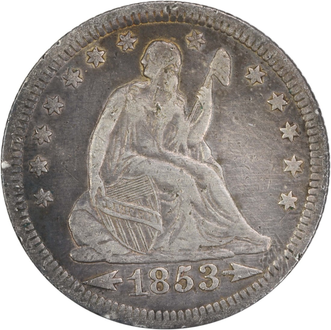 1853 Liberty Seated Quarter 90% Silver VF Uncertified Philadelphia: 1853 Liberty Seated Quarter 90% Silver VF Uncertified Philadelphia This 1853 Liberty Seated Silver Quarter features the design of Robert Ball Hughes and Christian Gobrecht. The coin is in Very Fine (V